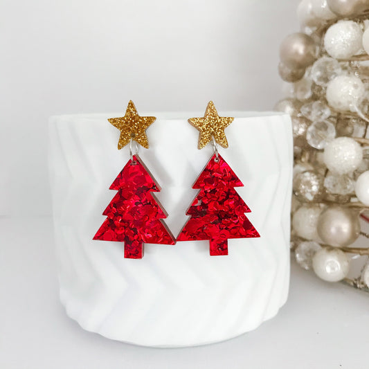 Christmas Tree Dangle Earrings - Red Glitter.