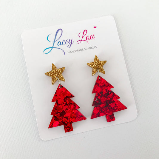 Christmas Tree Dangle Earrings - Red Glitter.