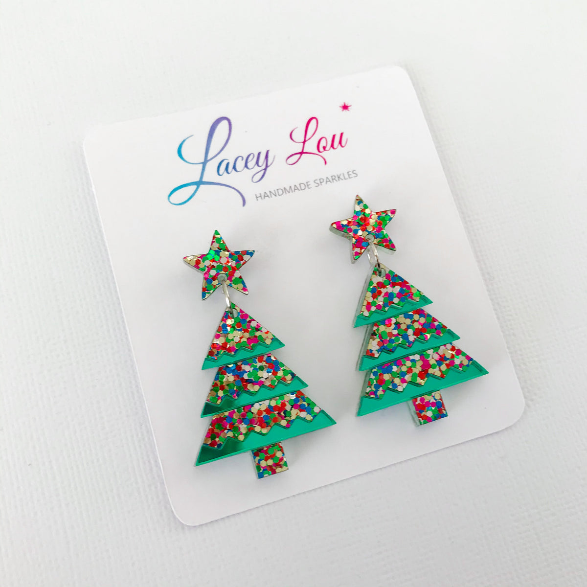 Christmas Tree Dangle Earrings - Tiered Confetti Glitter.
