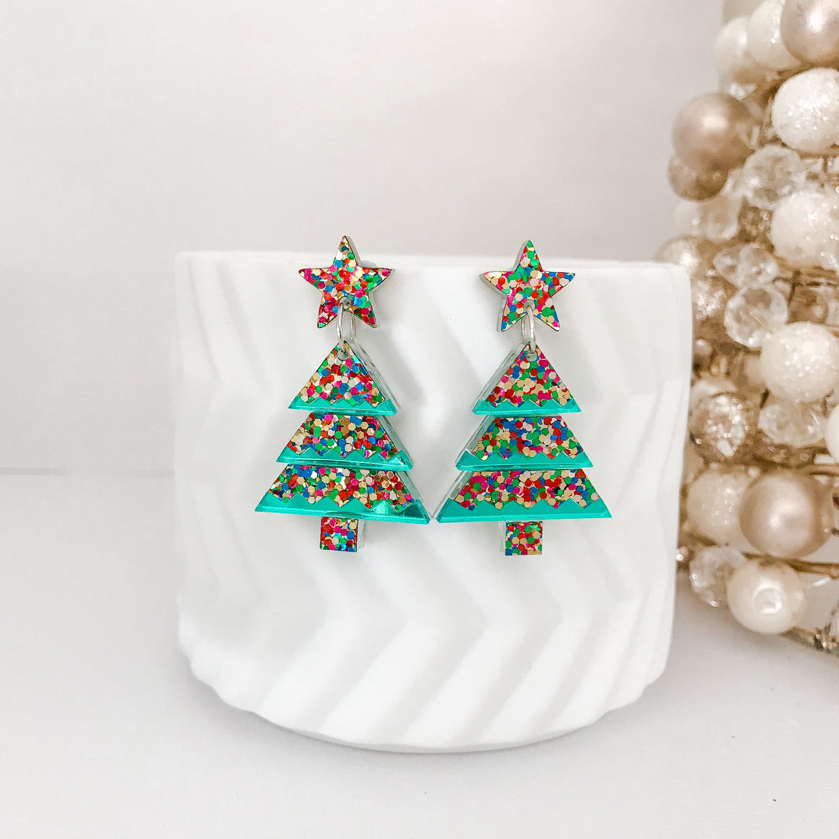 Christmas Tree Dangle Earrings - Tiered Confetti Glitter.