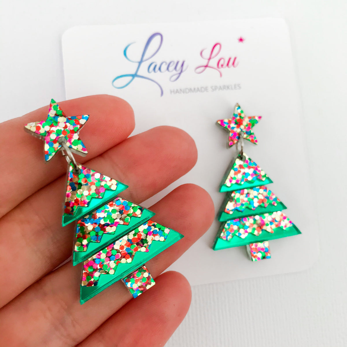 Christmas Tree Dangle Earrings - Tiered Confetti Glitter.