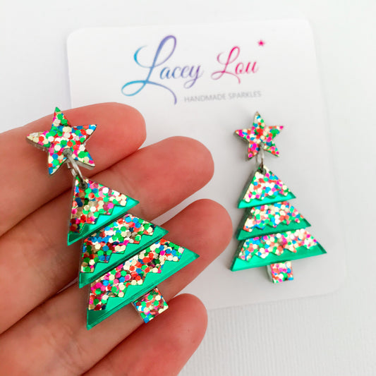 Christmas Tree Dangle Earrings - Tiered Confetti Glitter.