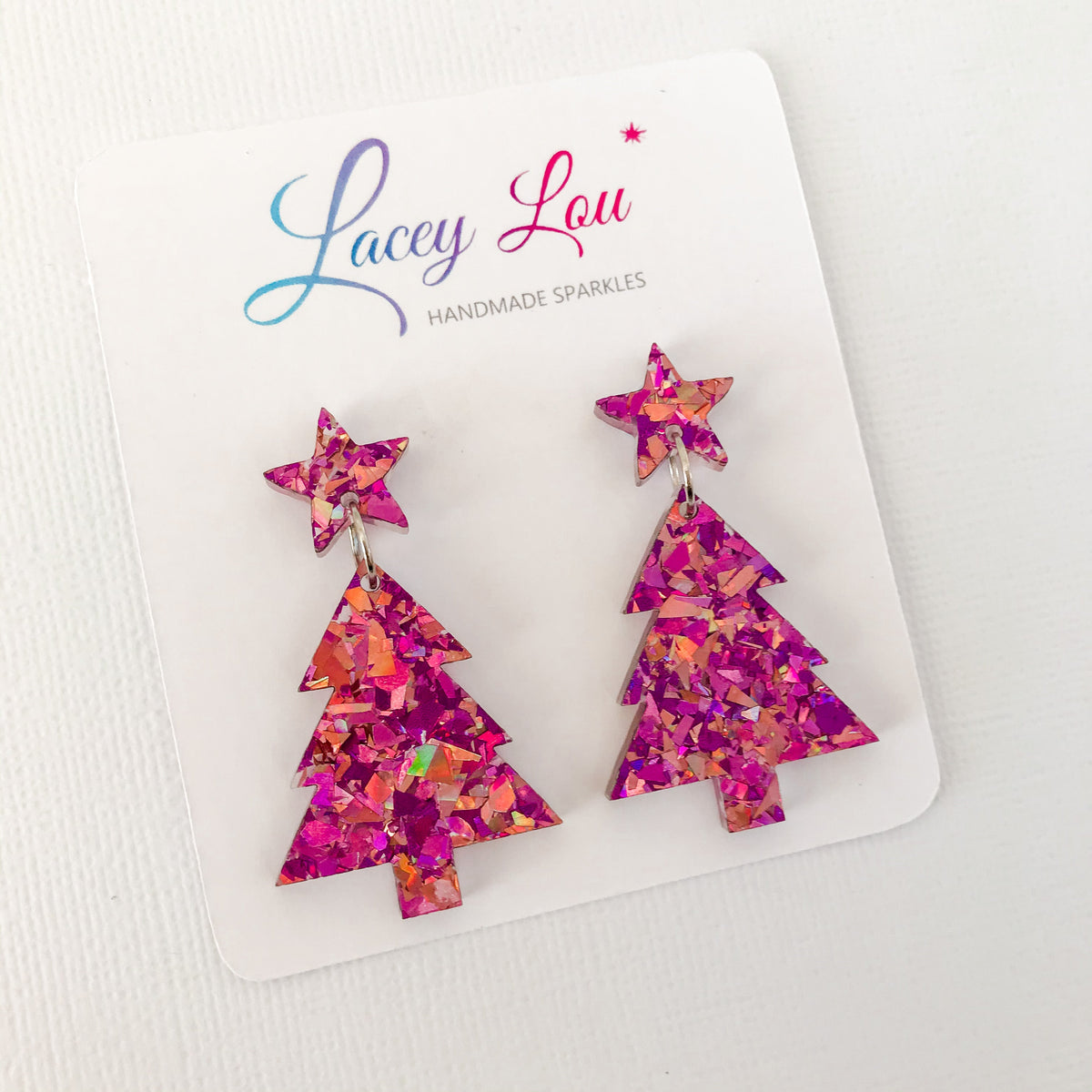 Christmas Tree Dangle Earrings - Unicorn Pink Glitter.