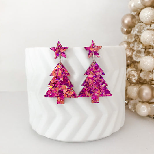 Christmas Tree Dangle Earrings - Unicorn Pink Glitter.