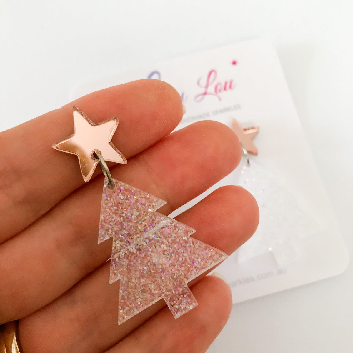 Christmas Tree Dangle Earrings - White Glitter.