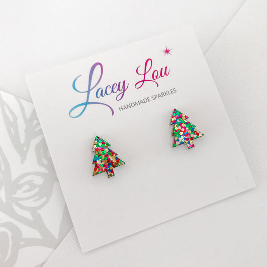 Christmas Tree Stud Earrings - Confetti Glitter.