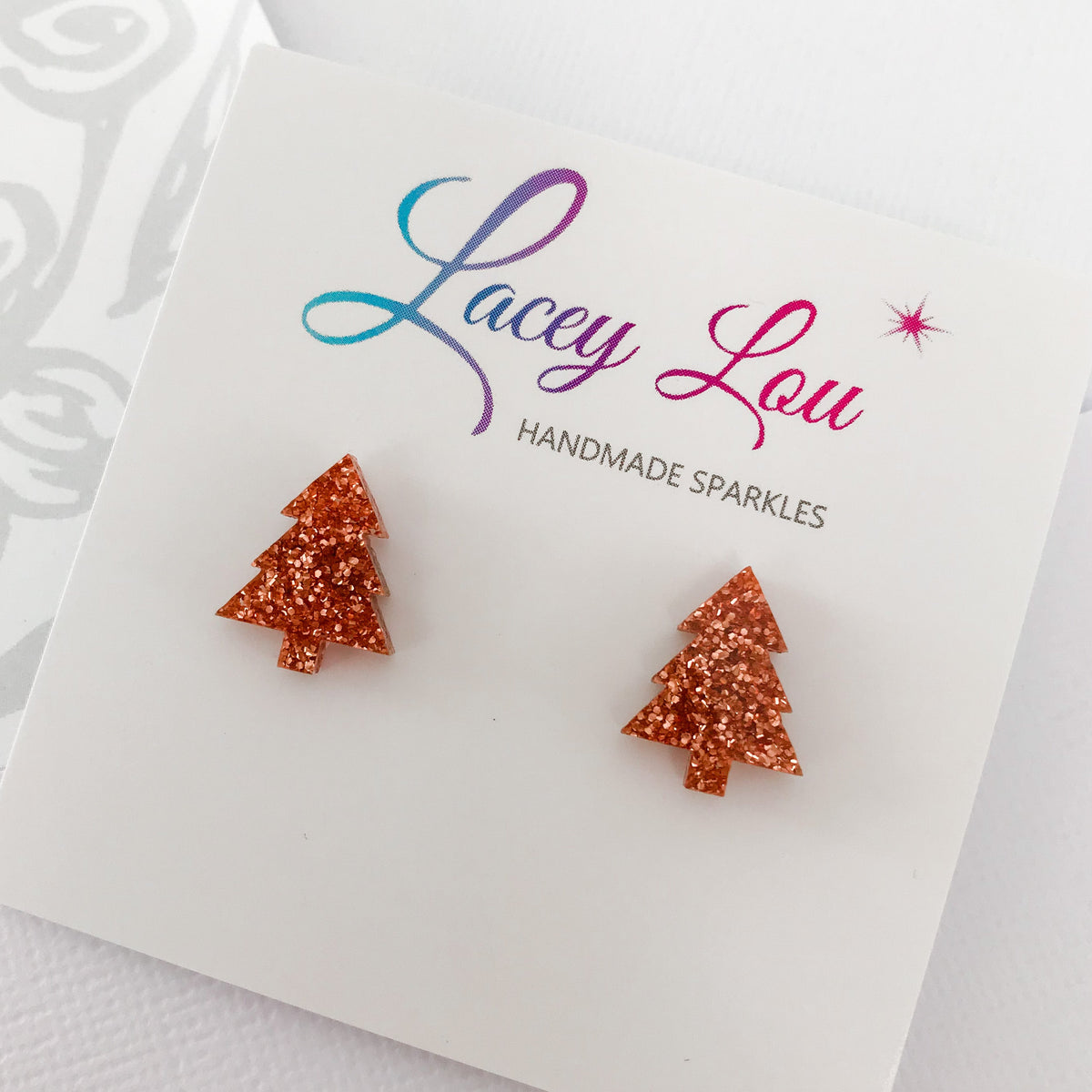 Christmas Tree Stud Earrings - Dark Rose Gold Glitter.