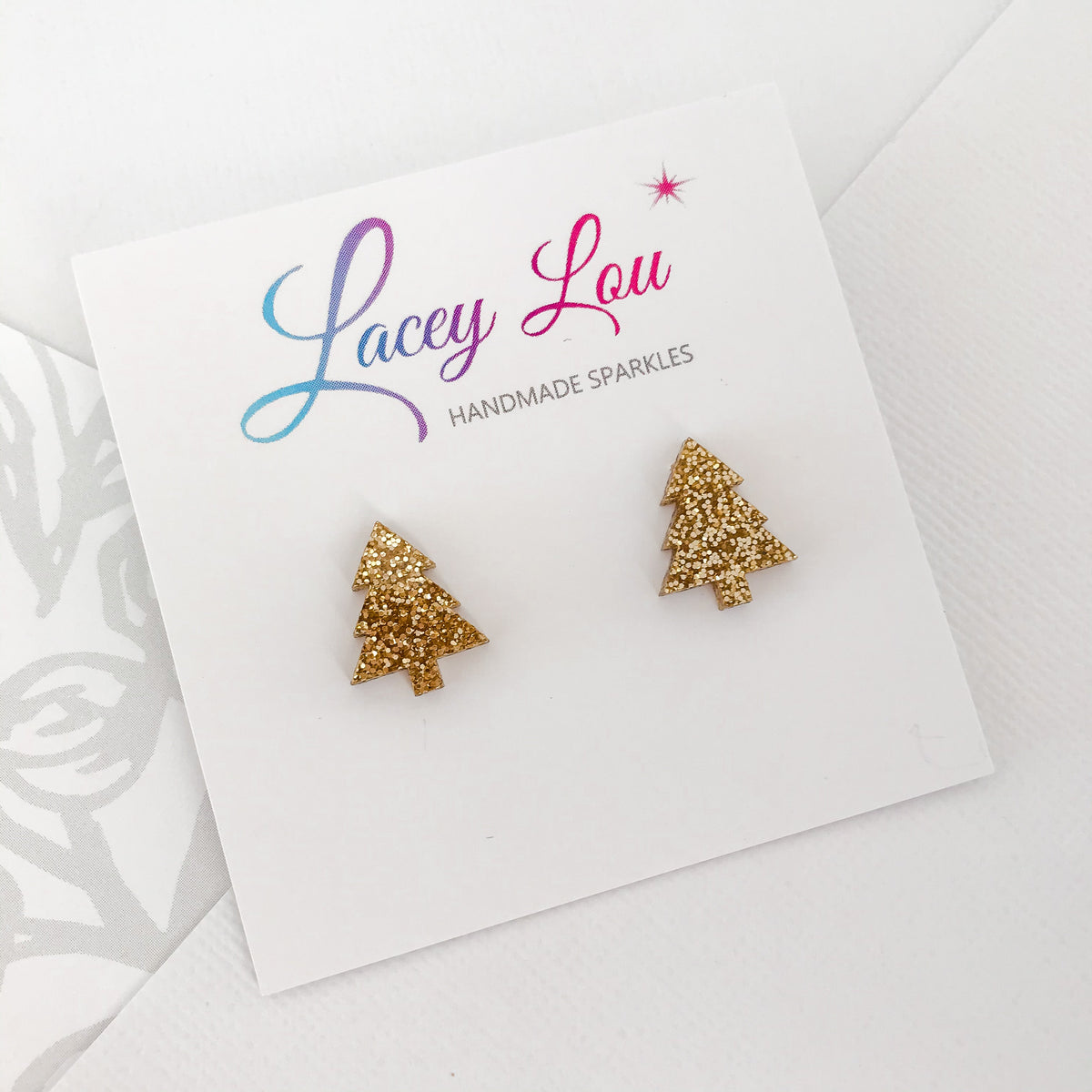 Christmas Tree Stud Earrings - Gold Glitter.
