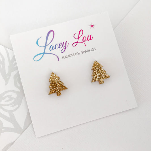 Christmas Tree Stud Earrings - Gold Glitter.