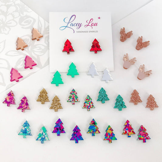 Christmas Tree Stud Earrings - Green Glitter.