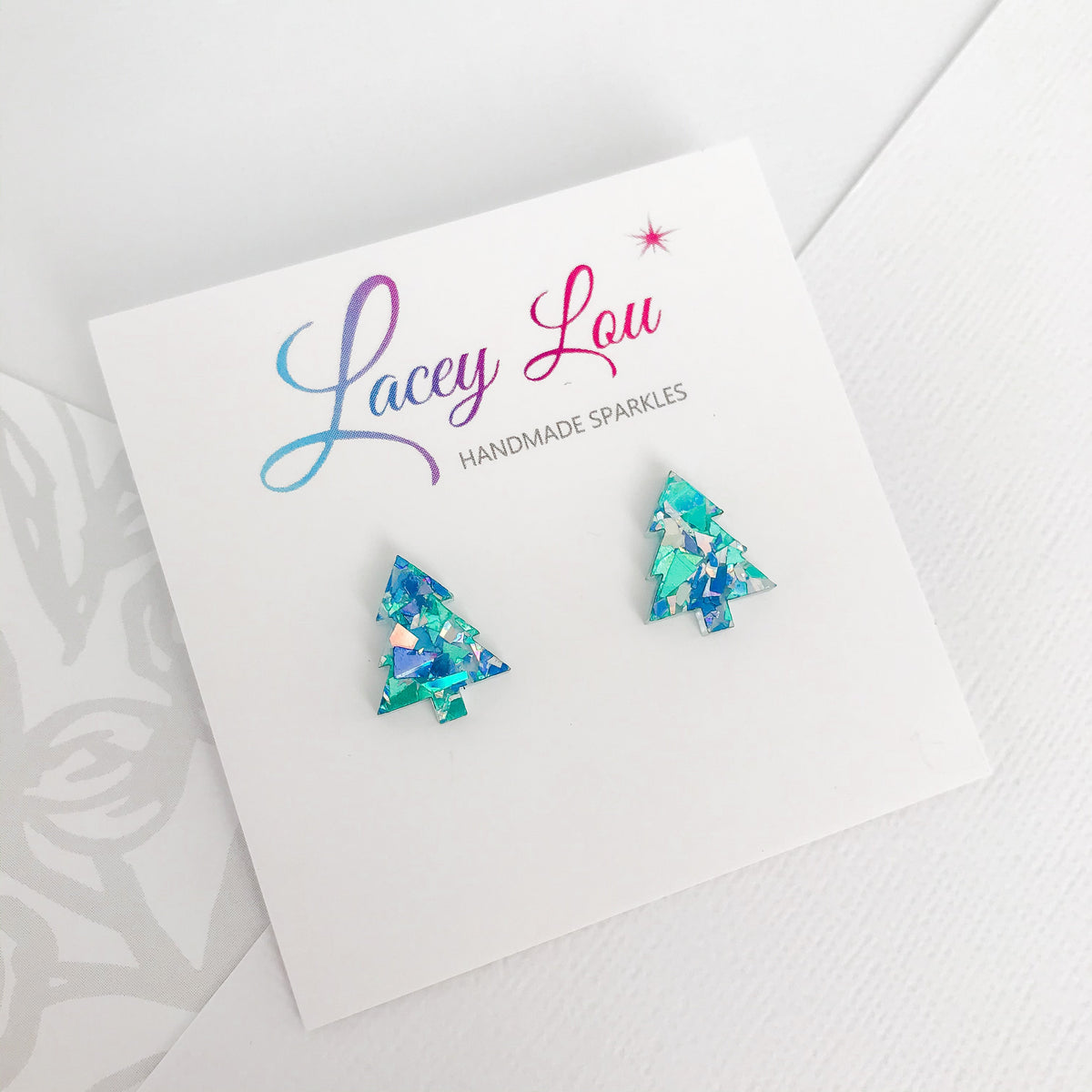 Christmas Tree Stud Earrings - Ice Blue Glitter.