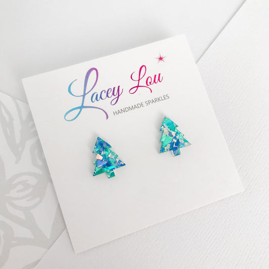 Christmas Tree Stud Earrings - Ice Blue Glitter.