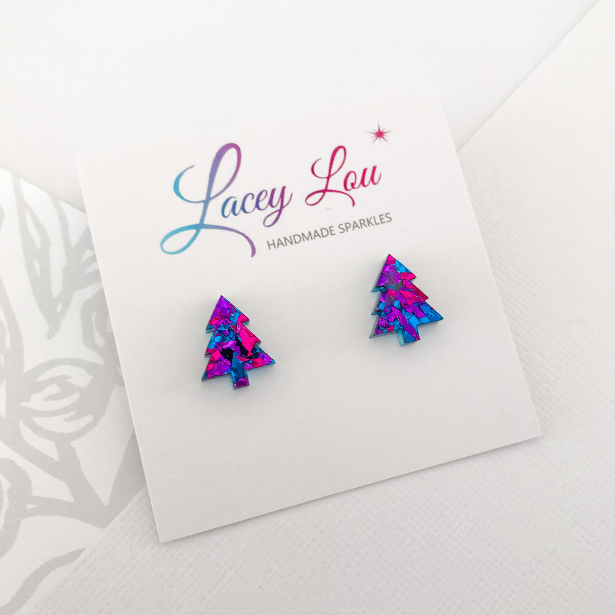 Christmas Tree Stud Earrings - Midnight Blue Glitter.
