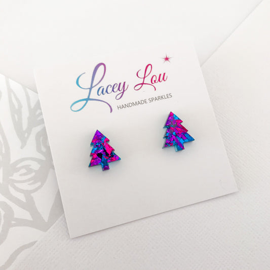 Christmas Tree Stud Earrings - Midnight Blue Glitter.