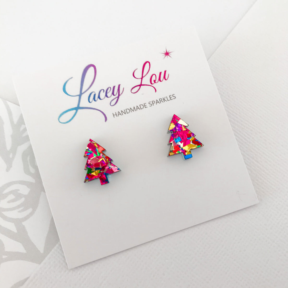 Christmas Tree Stud Earrings - Rainbow Glitter.