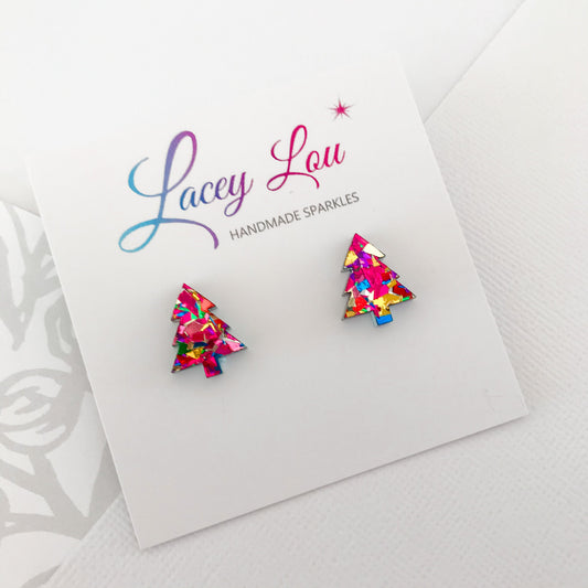 Christmas Tree Stud Earrings - Rainbow Glitter.
