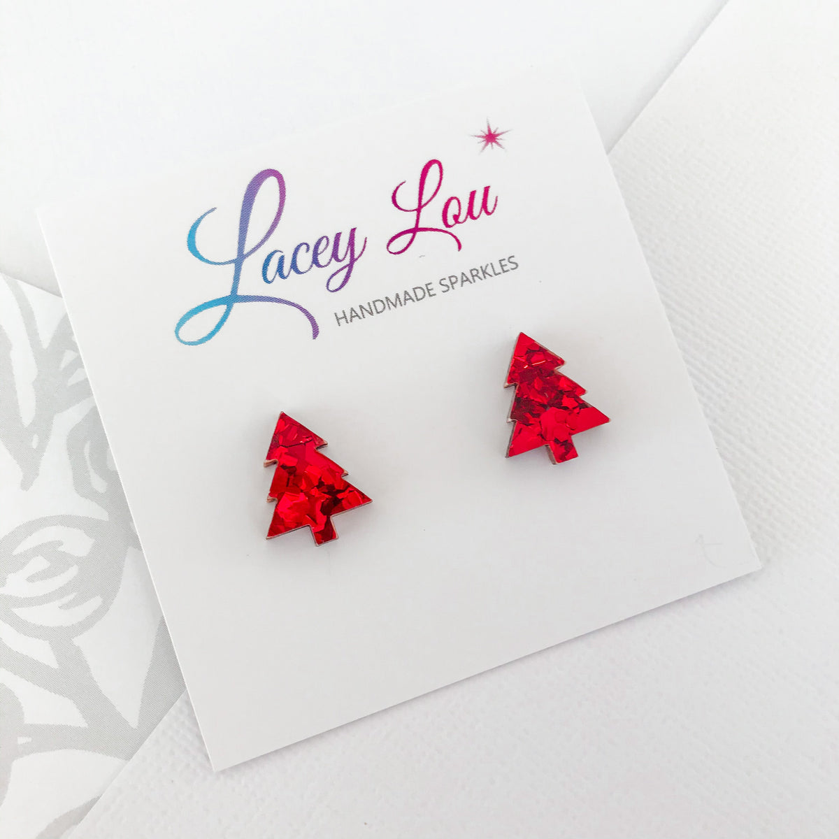 Christmas Tree Stud Earrings - Red Glitter.