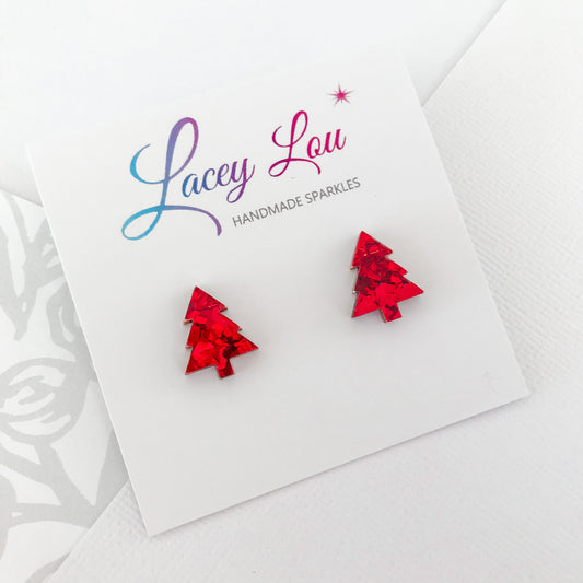 Christmas Tree Stud Earrings - Red Glitter.