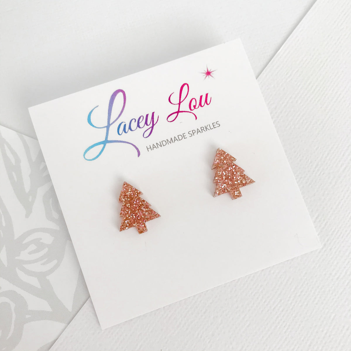 Christmas Tree Stud Earrings - Rose Gold Glitter.