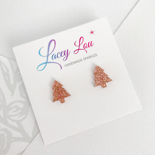 Christmas Tree Stud Earrings - Rose Gold Glitter.