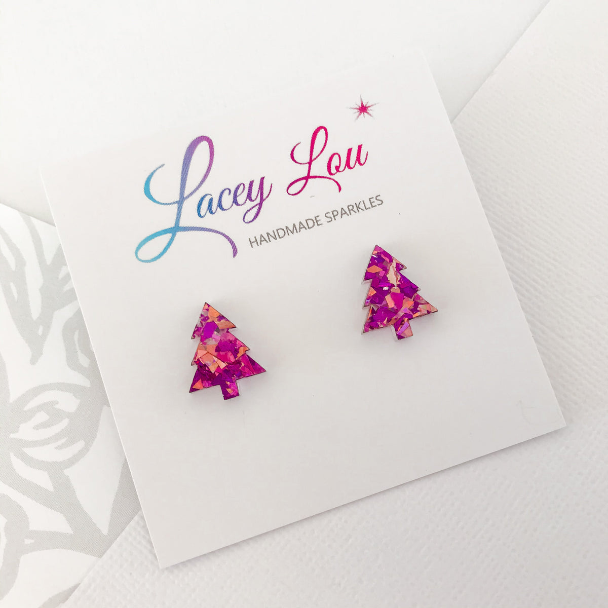 Christmas Tree Stud Earrings - Unicorn Pink Glitter.
