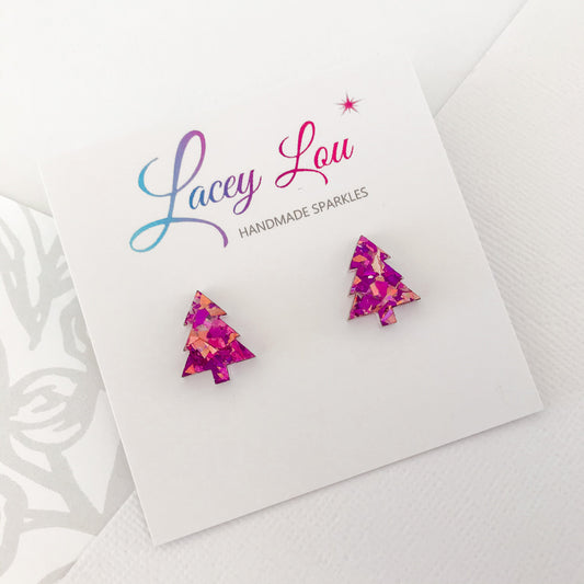 Christmas Tree Stud Earrings - Unicorn Pink Glitter.