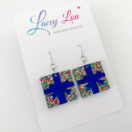 Christmas Wrapped Gift Earrings - Confetti Glitter.