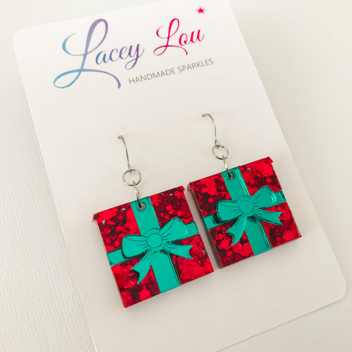 Christmas Wrapped Gift Earrings - Red Glitter.