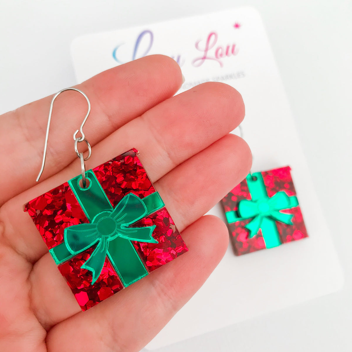 Christmas Wrapped Gift Earrings - Red Glitter.