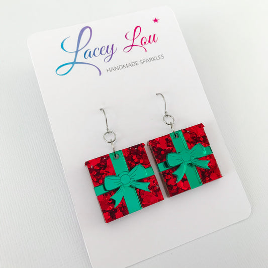 Christmas Wrapped Gift Earrings - Red Glitter.