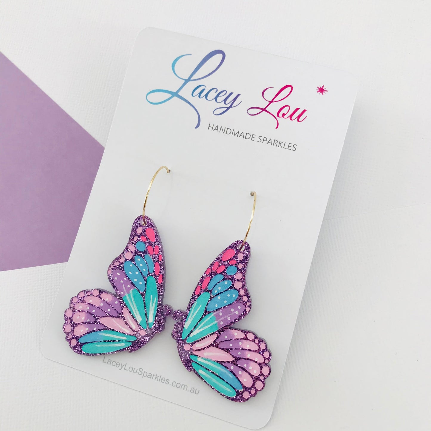 Large Butterfly Hoops - Purple Glitter Painted Acrylic Earrings.