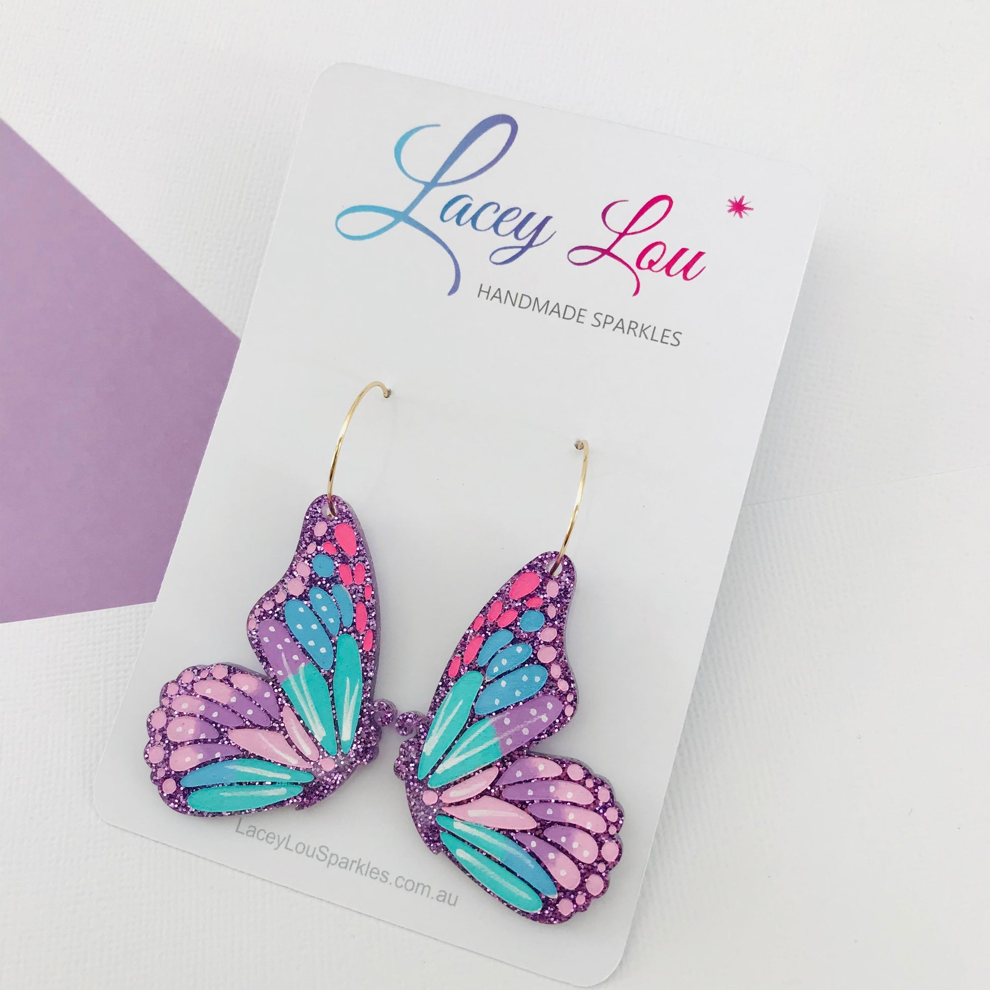 Large Butterfly Hoops - Purple Glitter Painted Acrylic Earrings.