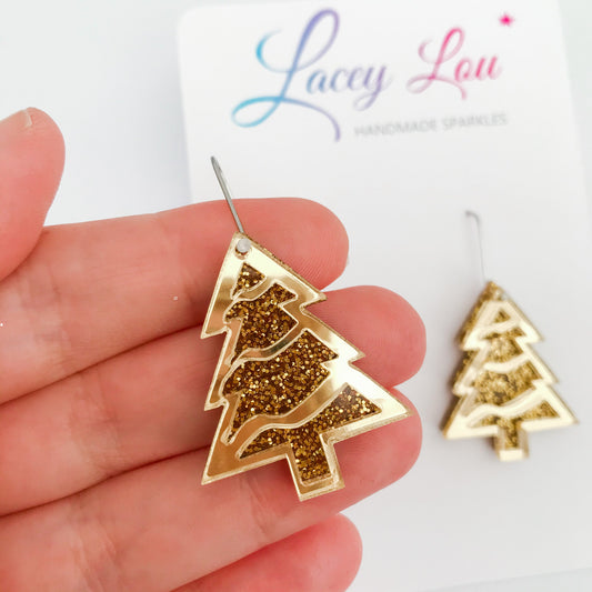 Layered Christmas Tree Earrings - Gold.