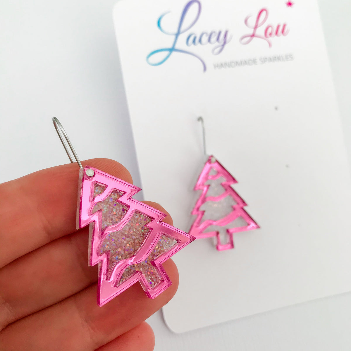 Layered Christmas Tree Earrings - Pink and White.