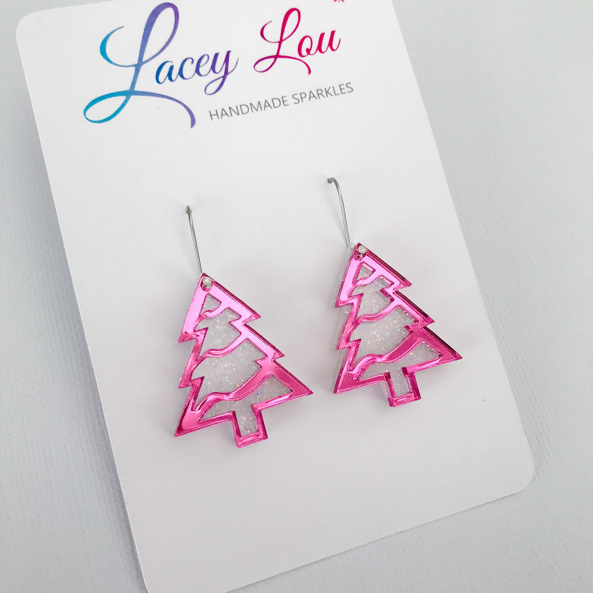 Layered Christmas Tree Earrings - Pink and White.
