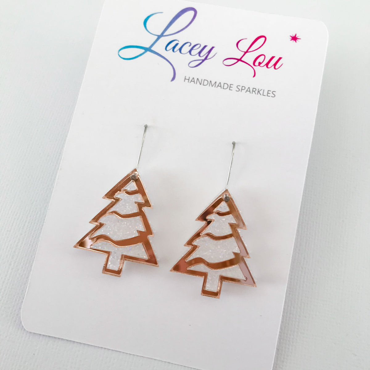 Layered Christmas Tree Earrings - Rose Gold and White.