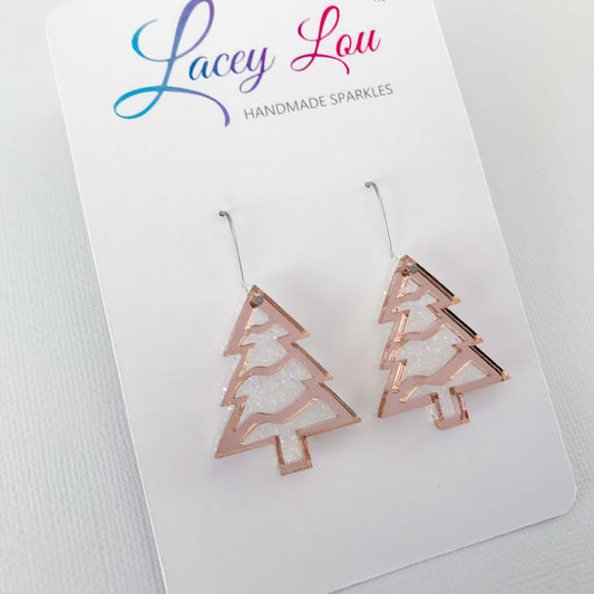 Layered Christmas Tree Earrings - Rose Gold and White.