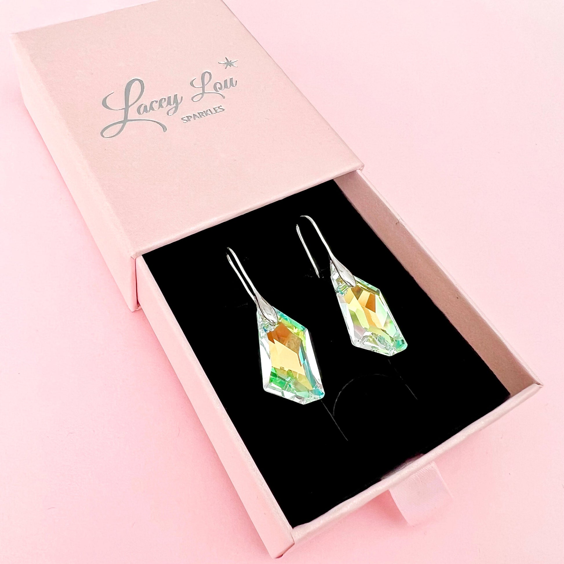AB Iridescent De-art Austrian Crystal Hook Earrings - Lacey Lou Sparkles
