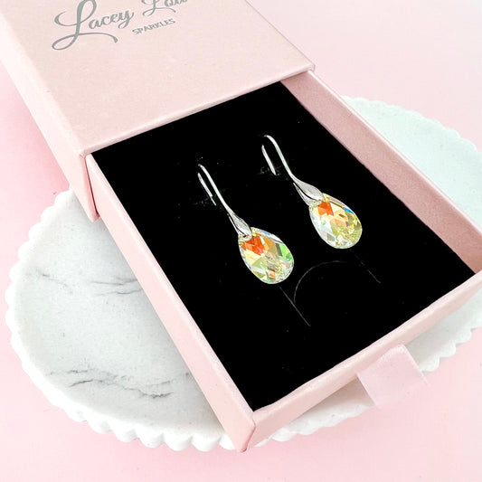 AB Iridescent Teardrop Austrian Crystal Hook Earrings - Lacey Lou Sparkles