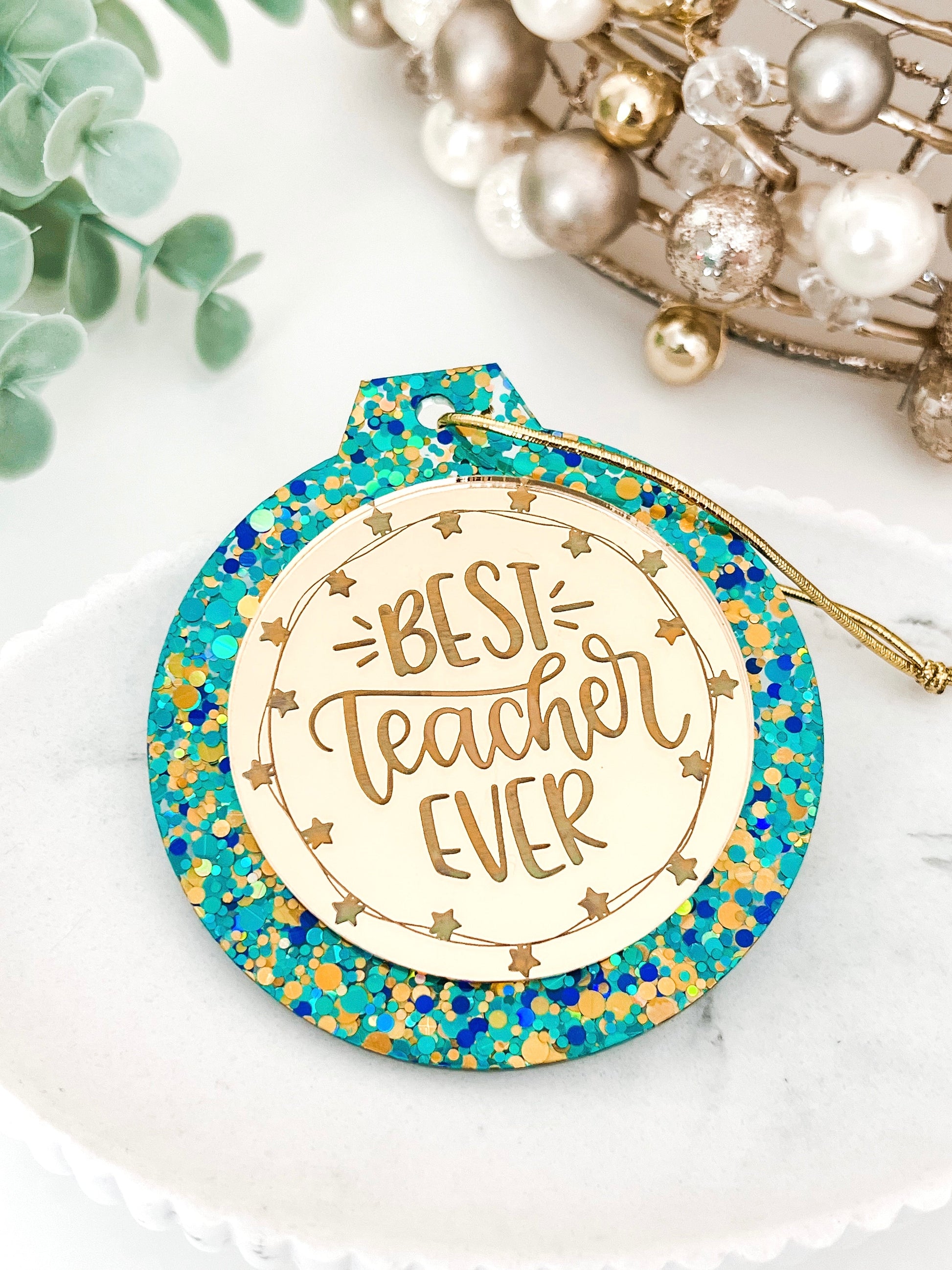 Aqua Personalised Teacher Christmas Bauble **PRE-ORDER** - Lacey Lou Sparkles