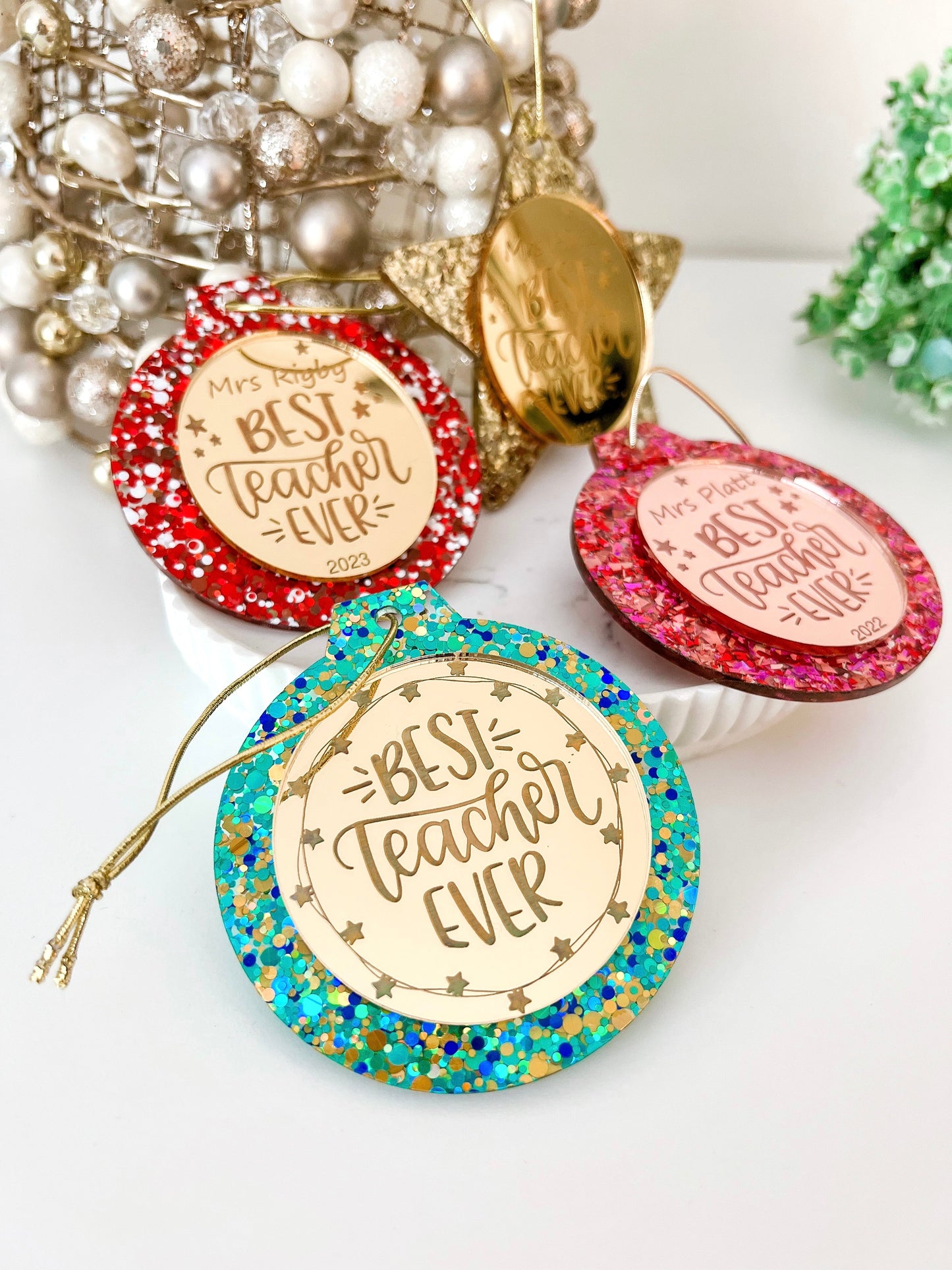 Aqua Personalised Teacher Christmas Bauble **PRE-ORDER** - Lacey Lou Sparkles