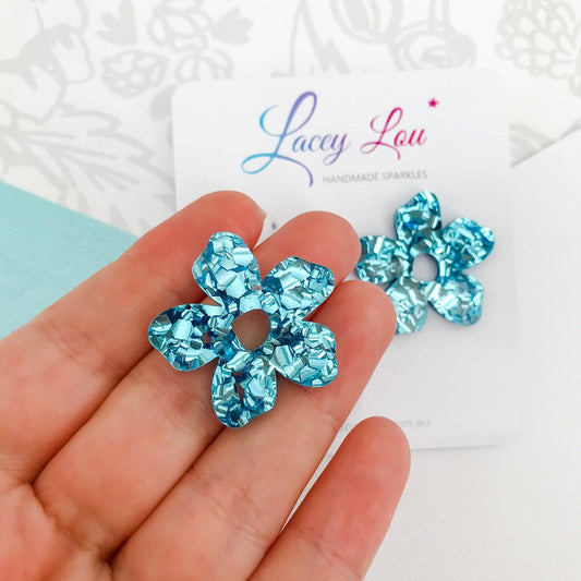 Baby Blue Glitter Medium Flower Stud Earrings - Lacey Lou Sparkles
