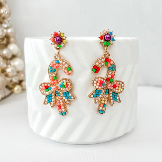 Beaded Candy Cane Christmas Dangle Earrings - Lacey Lou Sparkles