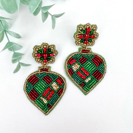 Beaded Green & Red Bauble Christmas Earrings - Lacey Lou Sparkles