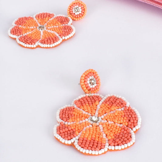 Beaded Orange Flower Statement Earrings - Lacey Lou Sparkles
