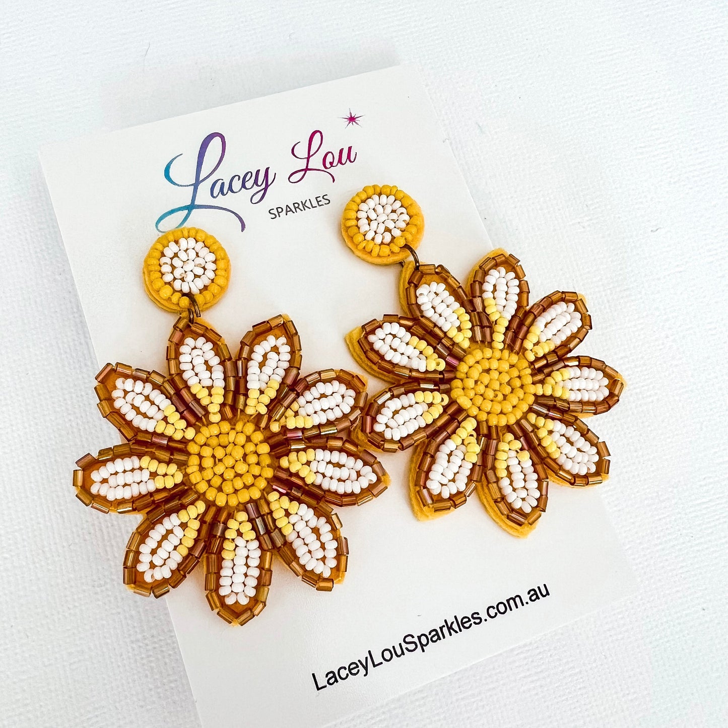 Beaded White Sunflower Statement Earrings - Lacey Lou Sparkles