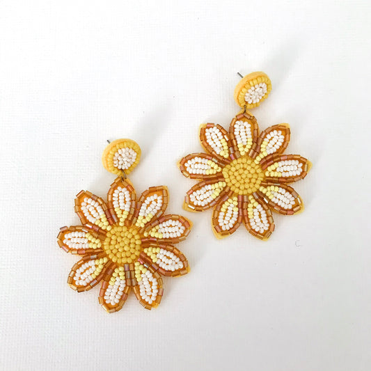 Beaded White Sunflower Statement Earrings - Lacey Lou Sparkles