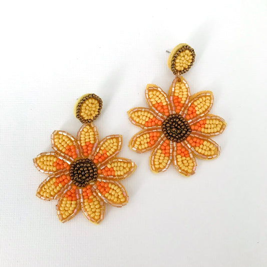 Beaded Yellow Sunflower Statement Earrings - Lacey Lou Sparkles