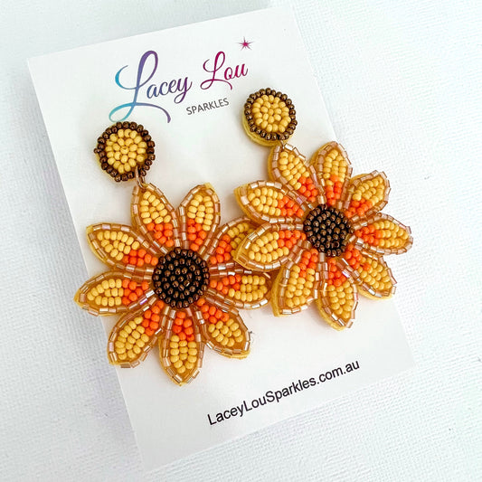 Beaded Yellow Sunflower Statement Earrings - Lacey Lou Sparkles
