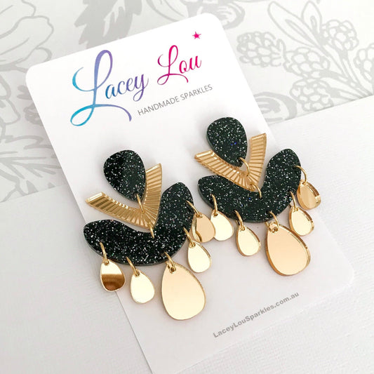 Black and Gold Chandelier Dangles - Statement Acrylic Earrings - Lacey Lou Sparkles